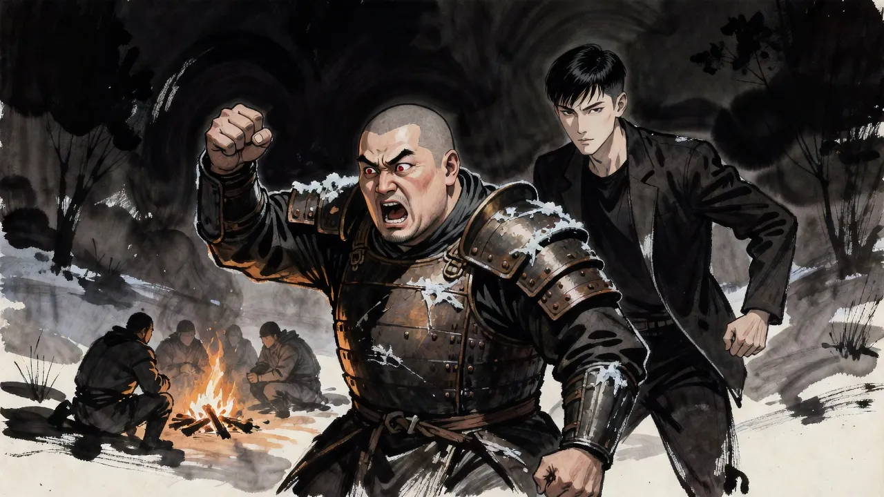 At a campfire in the snow a gaunt, wild-eyed giant of a man in dented armour bellows at a few huddled hunters, while a lean young man stands just behind his shoulder, unseen.