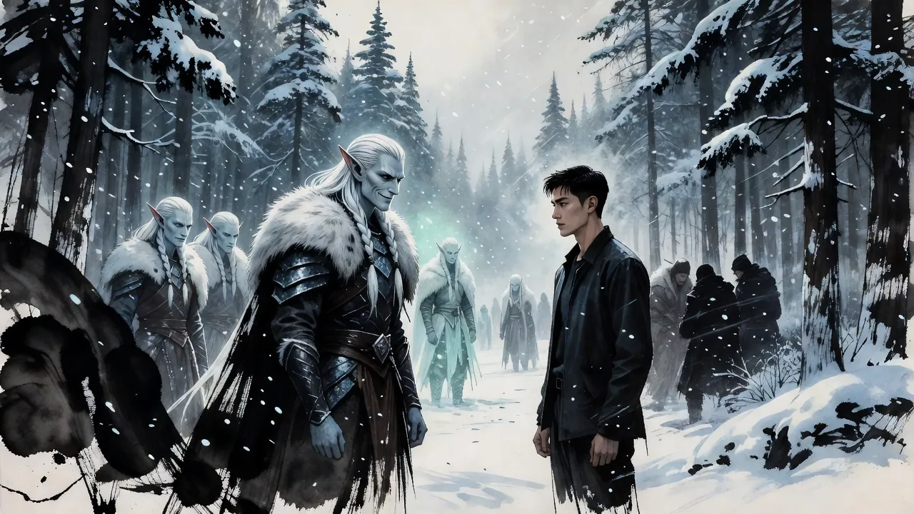 In falling snow a tall pale elf in a white fur cloak smiles thinly at a young man who faces him unafraid, cloaked figures fading into the blizzard behind the elf and a few huddled hunters behind the man.