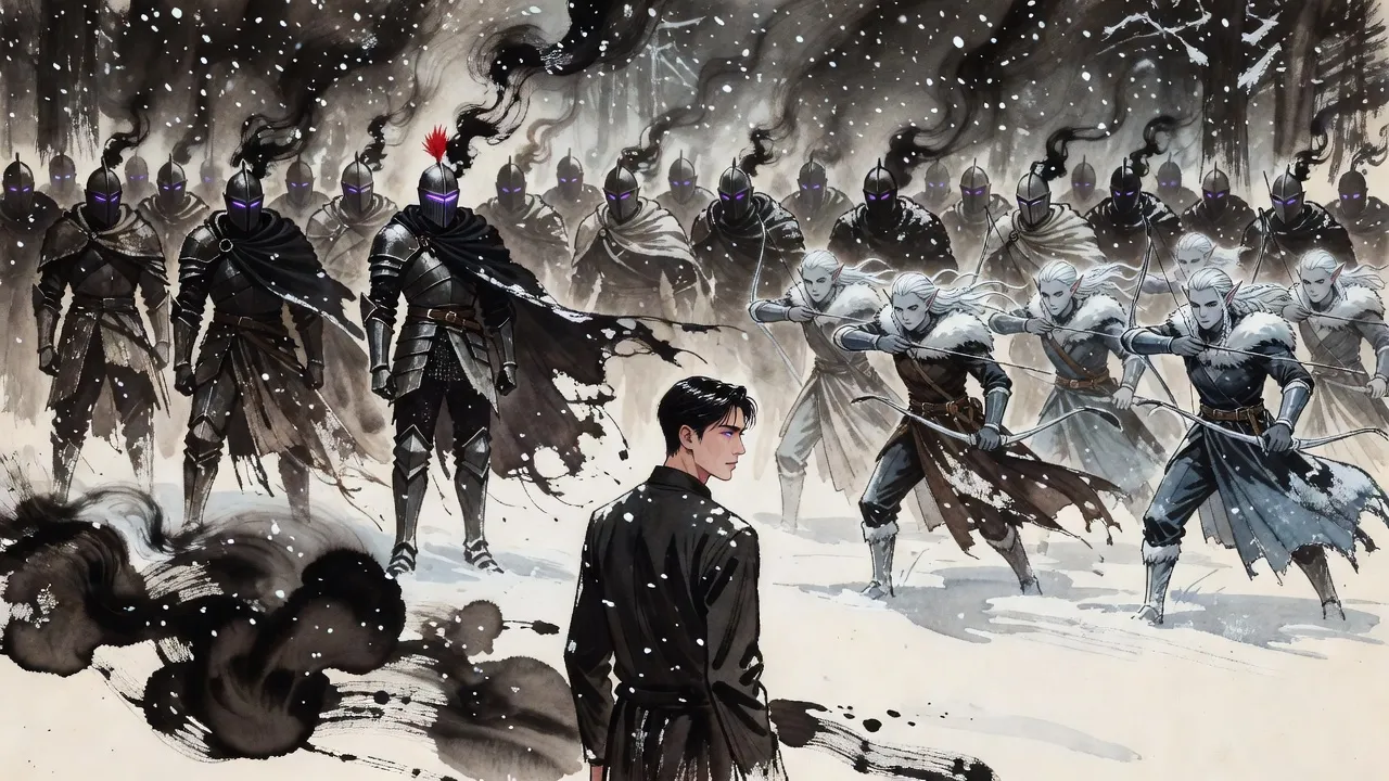 Across a snowfield in a blizzard, black smoky soldiers with violet eyes rise out of the snow in ranks, a dark knight among them, between a young man in a dark jacket and a line of recoiling pale elves.