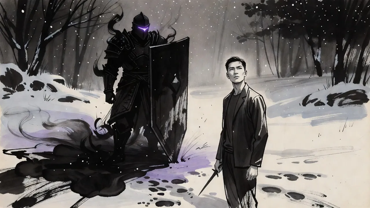 In trampled snow a hulking smoky warrior in heavy dark armour, broad as a door, rises out of a pool of ink-black shadow with a huge tower shield, beside a young man in a dark jacket.