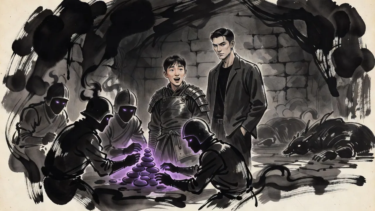 In a dim dungeon a young man in shiny new armour gapes as smoky black soldiers with violet eyes stack small glowing stones into a heap beside a calm young man in a dark jacket.