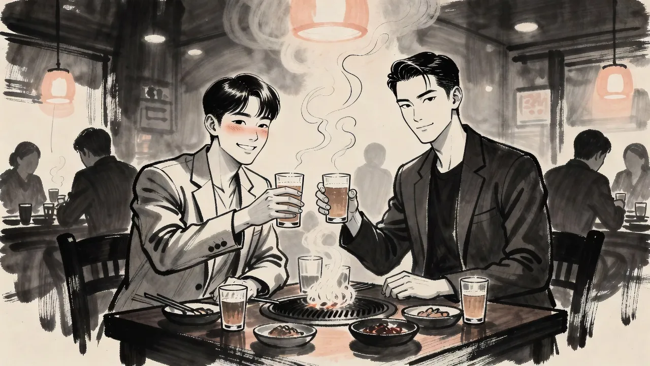 In a warm, smoky barbecue restaurant at night a flushed young man grins and raises his beer glass across a table of grilled meat to a calm young man who lifts his glass back.