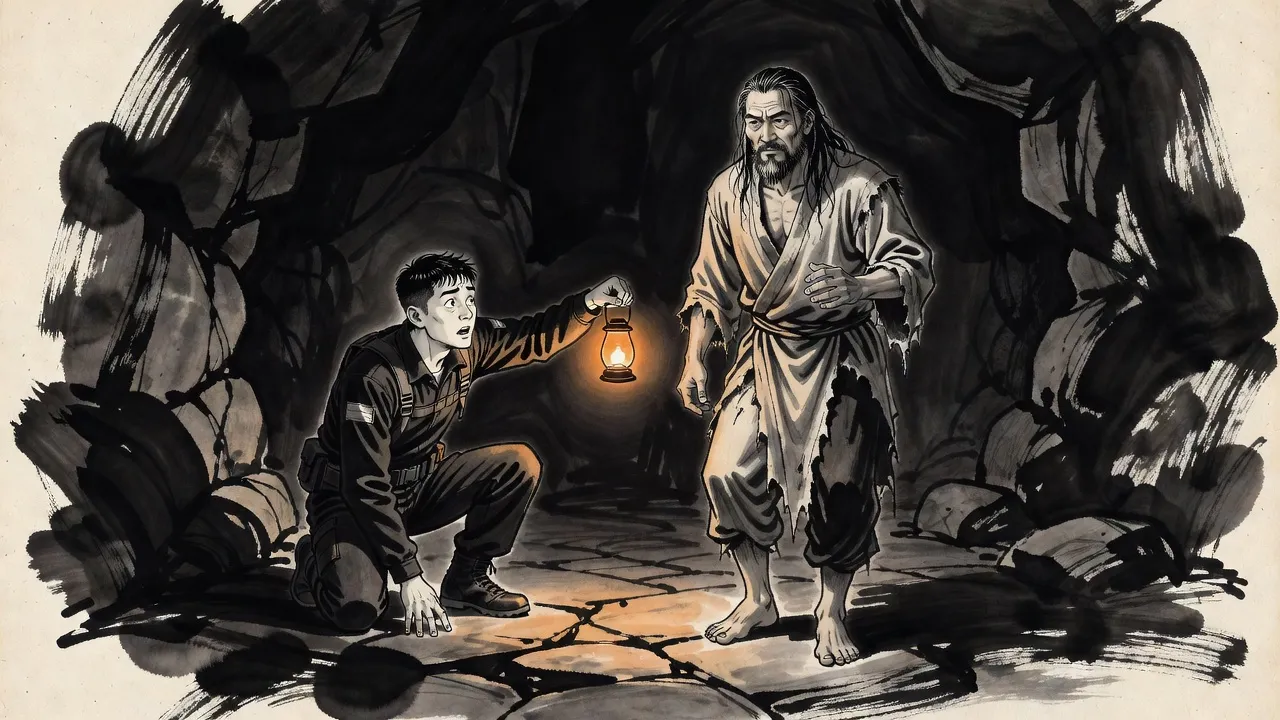 In a dark rock dungeon a frightened hunter holds out a lamp toward a wild-haired, bearded, barefoot man in rags stepping calmly out of the gloom.