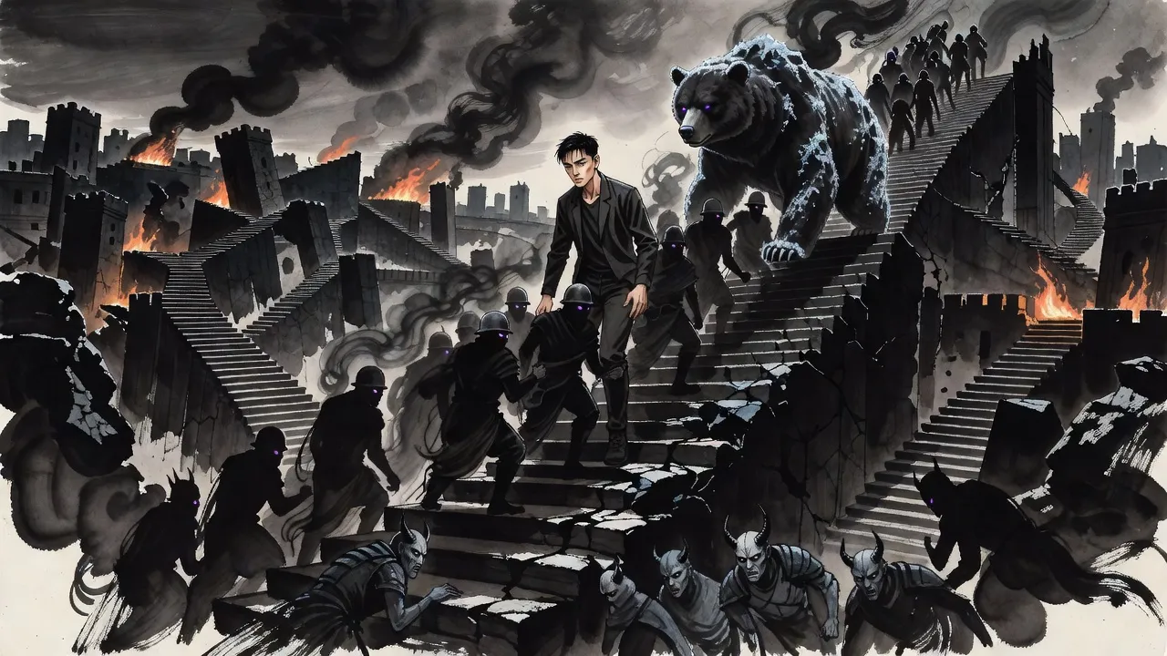 Up a colossal broken stone stairway in a burning black fortress-city a young man in a dark jacket climbs at the head of a column of smoky soldiers, a huge smoky bear lumbering beside him.