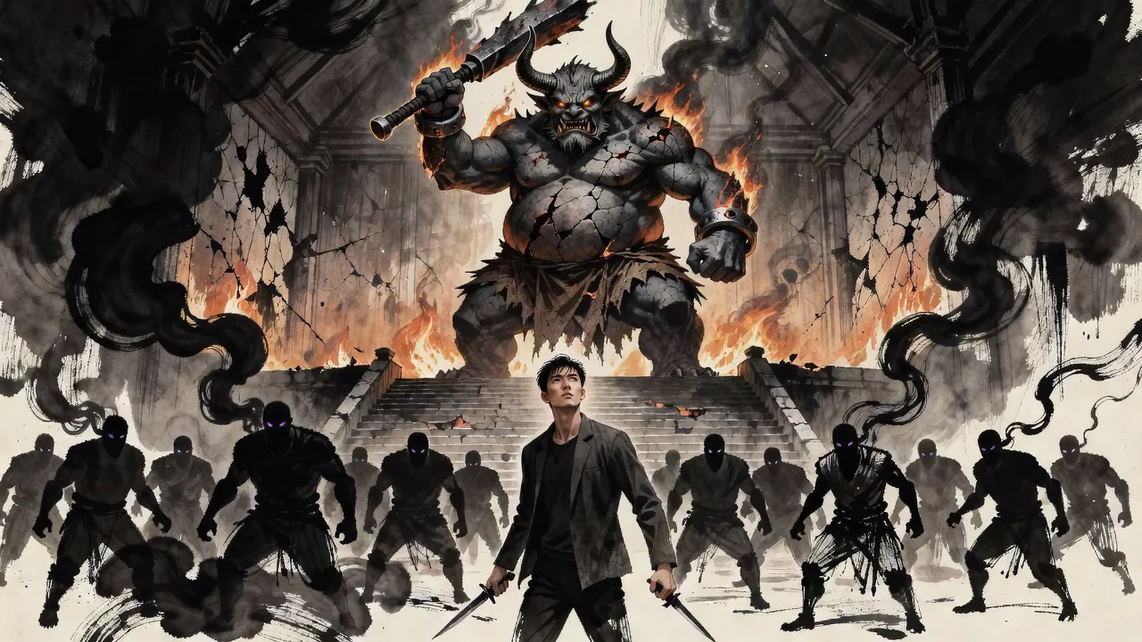 In a smoking ruined hall a colossal horned, pot-bellied demon raises a huge club over a scattered line of smoky soldiers while a lone young man in a dark jacket stands his ground in the foreground.