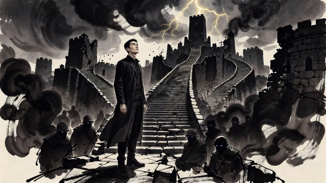 A man in a long dark coat stands on a colossal broken stone stairway in a ruined black fortress, looking up at a tower lost in storm cloud, with smoky soldiers on the steps below him.