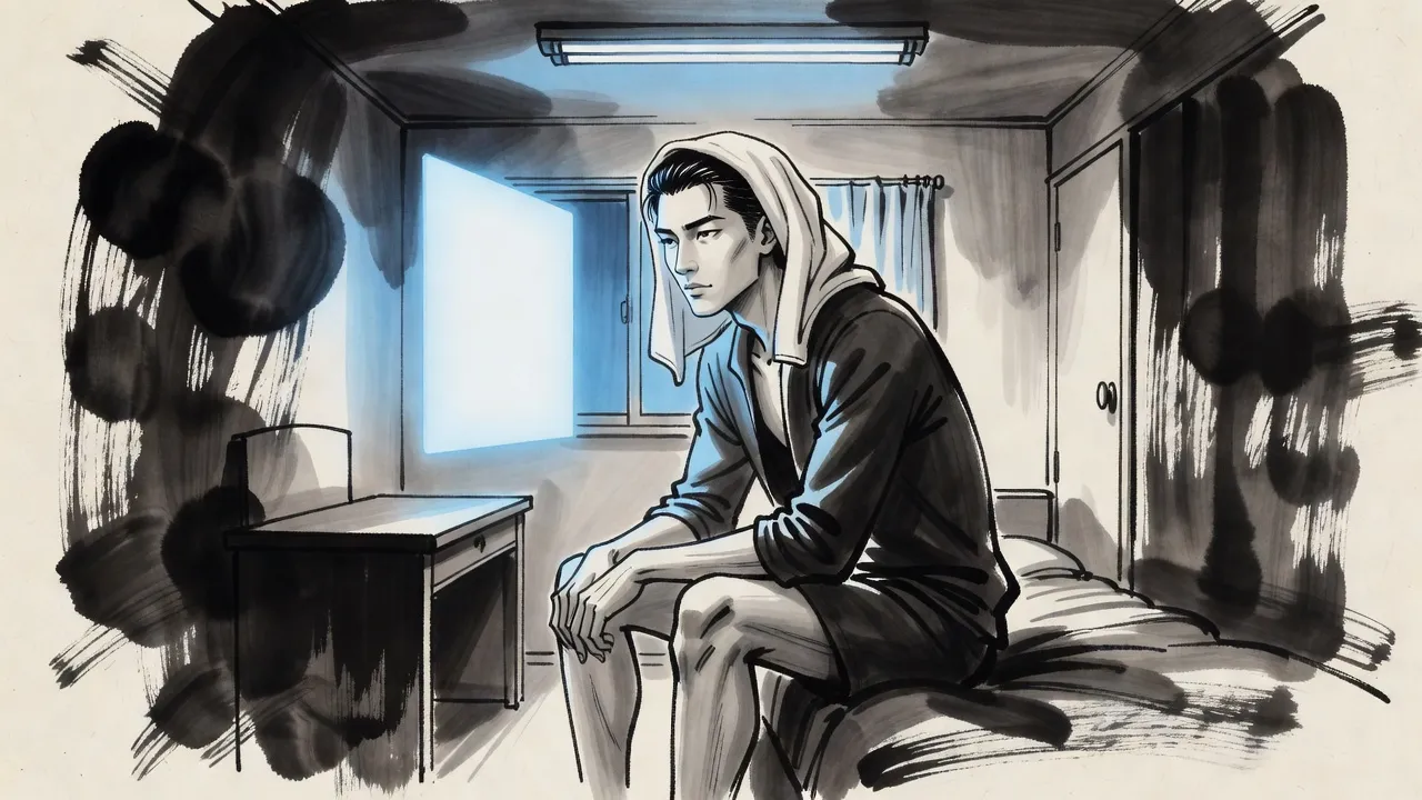 A young man with a towel over his wet hair sits on the edge of a narrow bed at night, studying a blank floating pane of blue light.