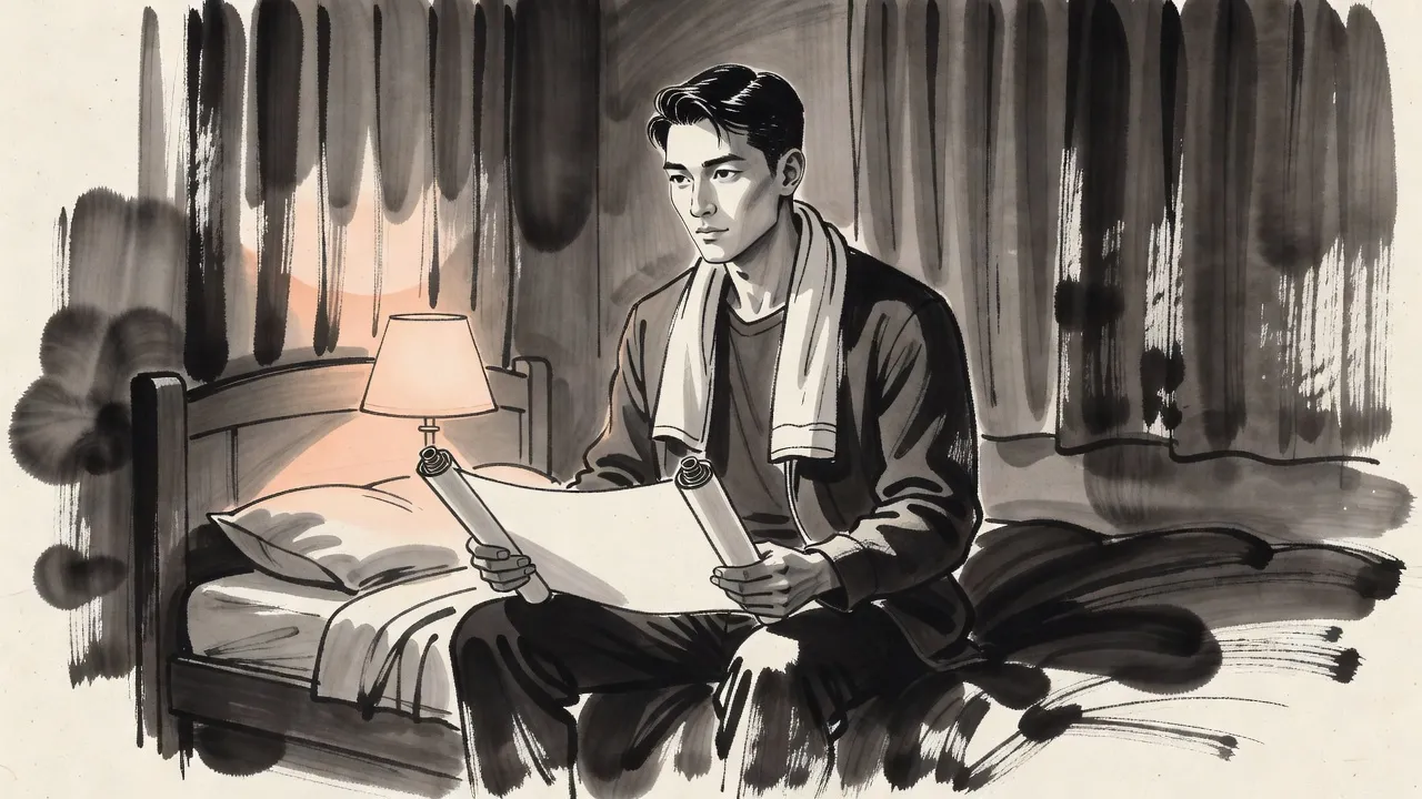 A young man sits on his bed by lamplight holding an unrolled blank scroll, his eyes wet, looking past it.