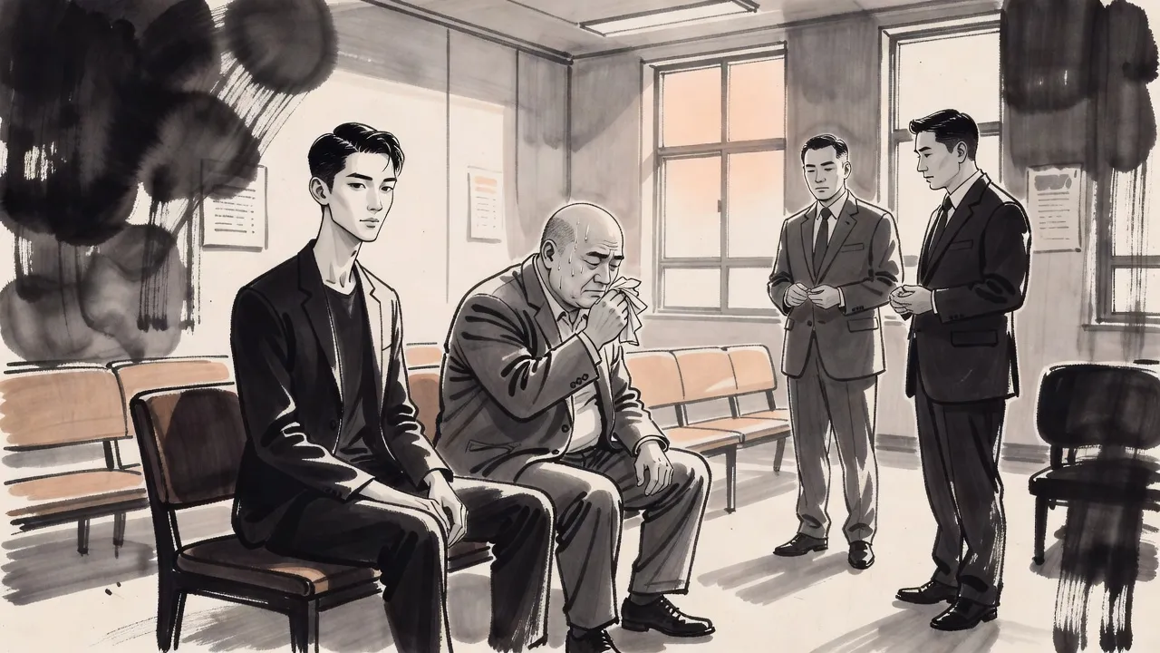 In a clean, bright waiting room a calm young man sits at the end of a bench beside a sweating bald man with a handkerchief, while two men in dark suits watch from across the room.
