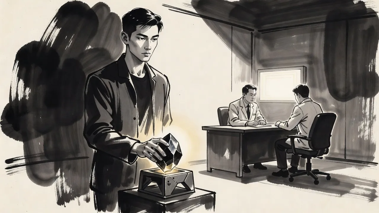 A young man rests his hand on a black crystal set in a squat measuring device while two staff in white coats stare at a blank glowing readout.