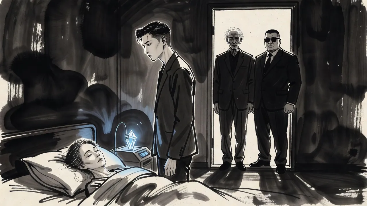 In a dim hospital room at night a young man stands near a sleeping woman’s bed, facing an old man in a dark suit and a broad man in sunglasses at the door.