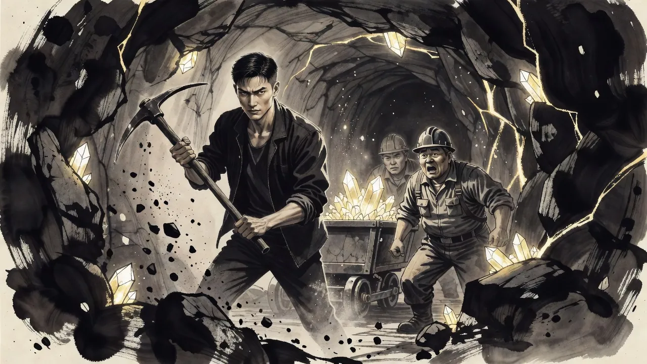 In a rock tunnel veined with glowing crystal, a young man swings a pickaxe in a blur while a stocky foreman in a hard hat gapes beside a loaded cart.