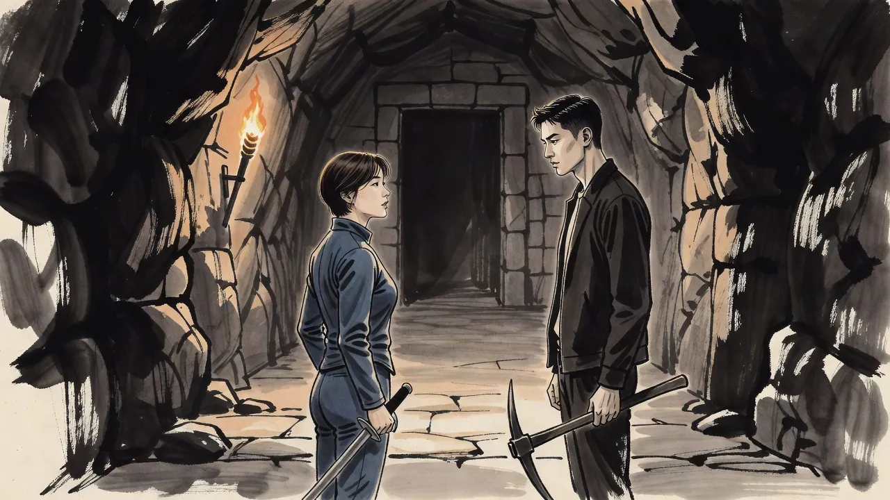 In a torchlit rock passage a woman in a slate-blue jacket blocks the way, her hand on a sheathed sword, while a young man holding a pickaxe stands a few paces off.