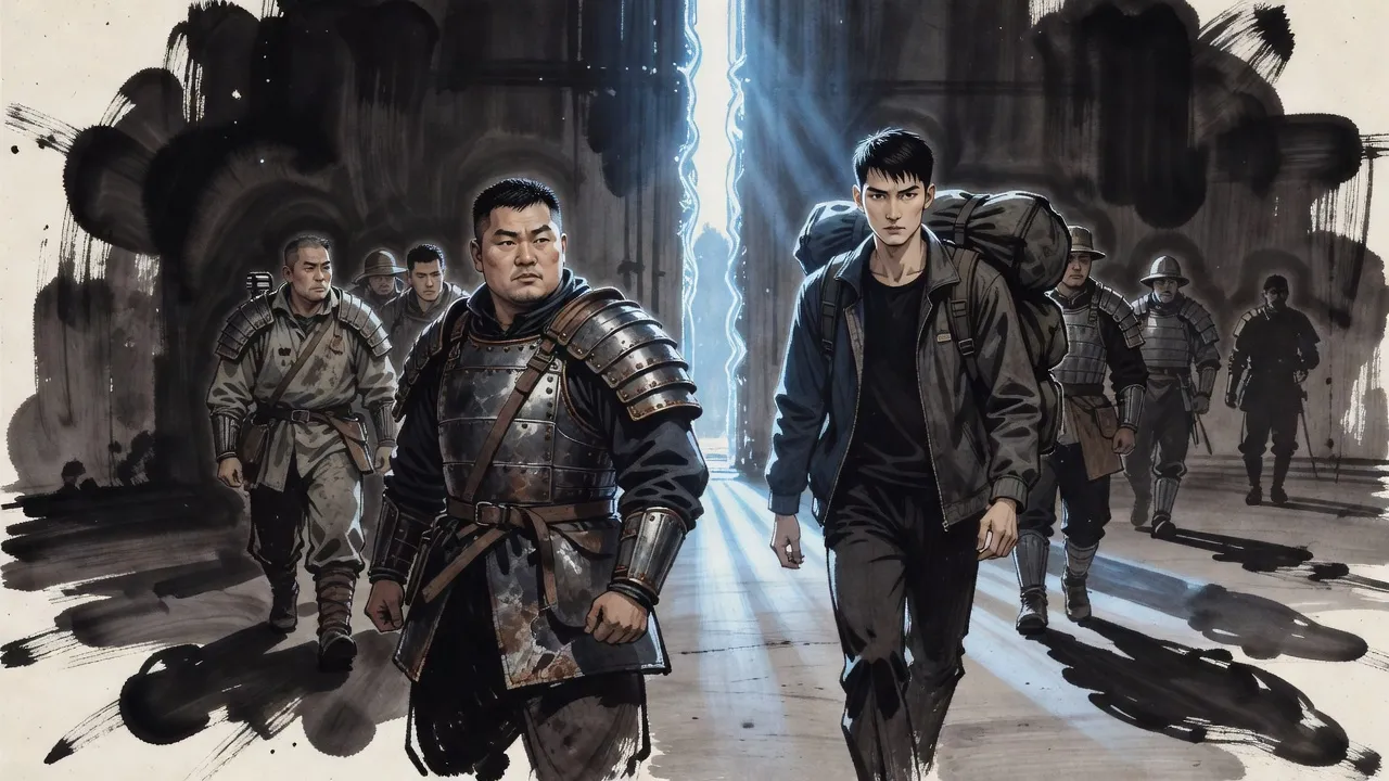 Before a tall rift of blue light, an armoured man turns from a line of reluctant hunters as a young man steps forward under an enormous porter’s pack.