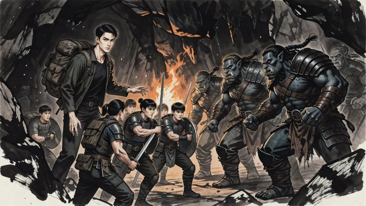 In a rocky cave, battered hunters brace against charging tusked orc warriors while a young man with a huge pack stands poised, half in shadow, at the back of the line.