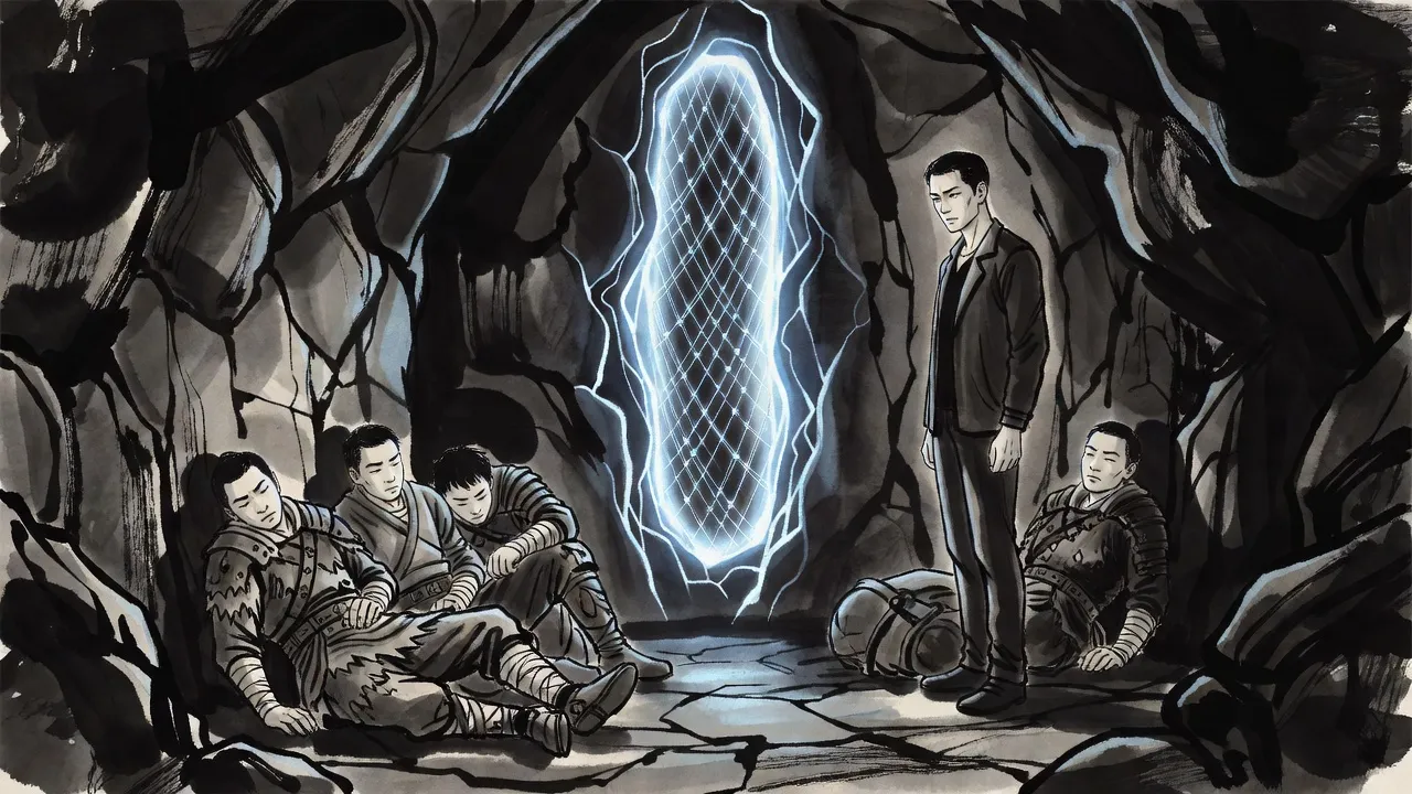 Wounded hunters slump against the rock before a glowing exit barred by a net of light, while a young man stands apart, studying it calmly.
