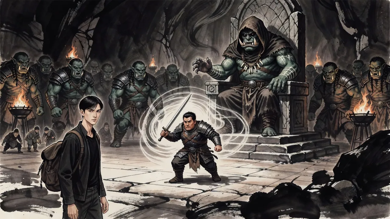 In a vast cavern packed with orcs, a hooded tusked shaman on a raised rock throne lifts a hand as a lone armoured man charges across the open floor and the air bends above him.