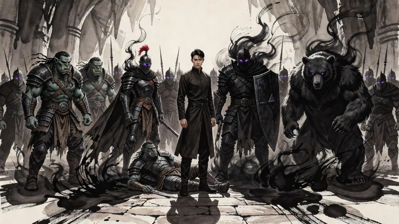 In a cavern hall a man in a long dark coat stands before a fallen armoured man as smoke-black soldiers with violet eyes rise out of the shadow spreading from his feet.