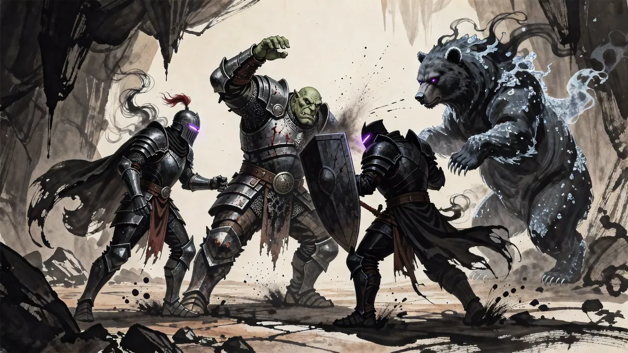 A shadow knight with a crimson crest, a huge smoke-black bear and an armoured warrior with a tower shield close on a giant orc general from three sides.