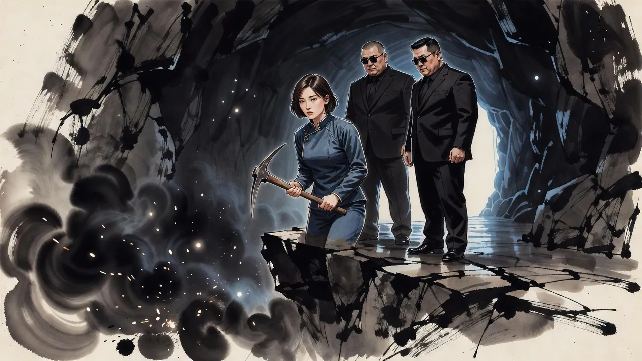 On a rock ledge a woman holding a miner’s pickaxe stares down at a battle of ink and smoke, beside a broad man in sunglasses and another man in a dark suit.