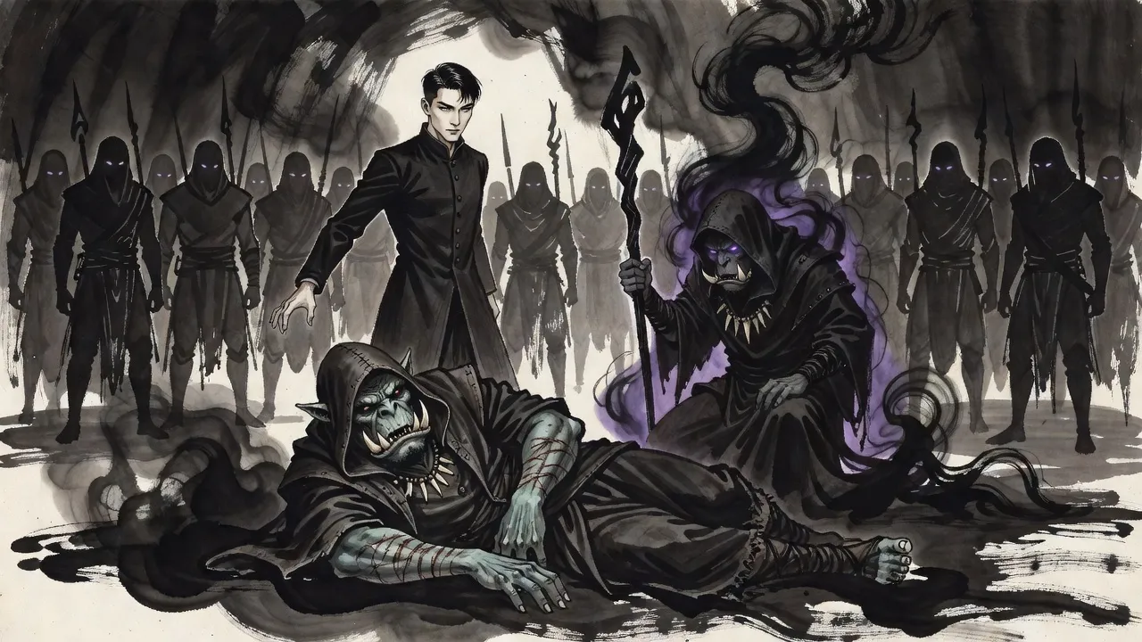A man in a long coat holds out an arm over a fallen robed orc as black smoke rises from the body and gathers into a kneeling, hooded shadow with violet eyes.