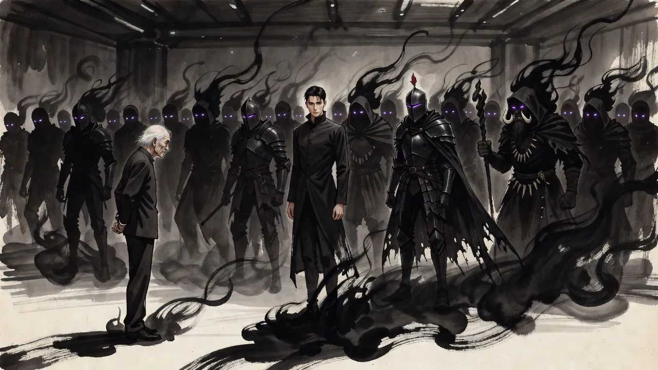 In a large bare hall an old man in a dark suit watches as smoke-black soldiers pour from a young man’s shadow until they fill the room.