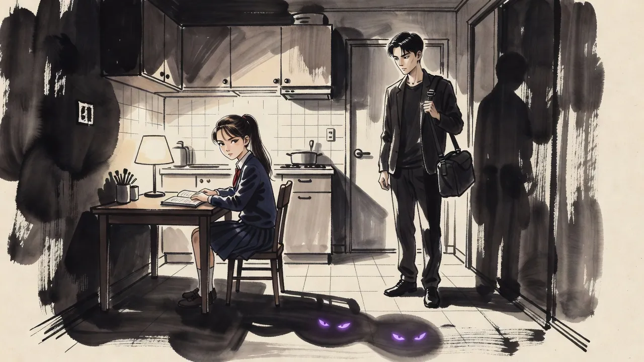 A schoolgirl at a lamplit table looks up at her brother by the door with a travel bag, while small violet lights open in her shadow on the floor.
