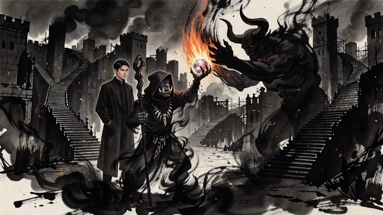 In a ruined black stone street a hooded shadow shaman raises a glowing crystal sphere and a torrent of fire engulfs a huge horned demon, while a man in a long coat watches.