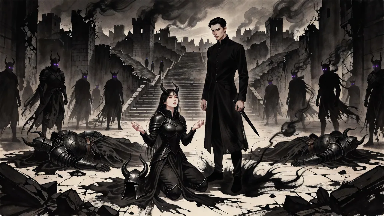 In a shattered stone hall a horned young demon woman kneels with her helmet beside her and her hands raised, looking up at a man in a long coat who holds a dagger lowered.