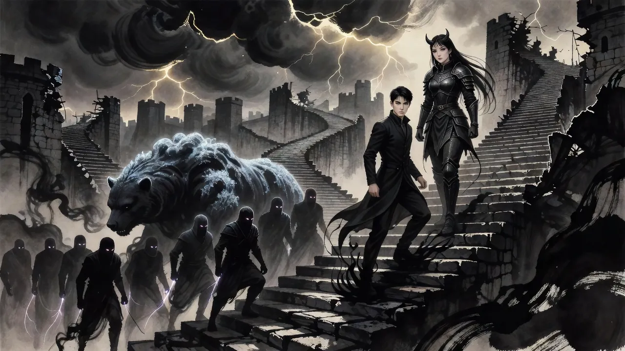 A horned demon woman leads the way up a colossal stone stair between broken towers, a man in a long coat behind her and a huge smoke-black bear heading a column of shadow soldiers.