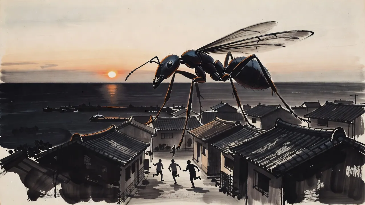 At dusk a single giant winged ant skims low over the roofs of a small harbour town while tiny silhouettes run in the street below.