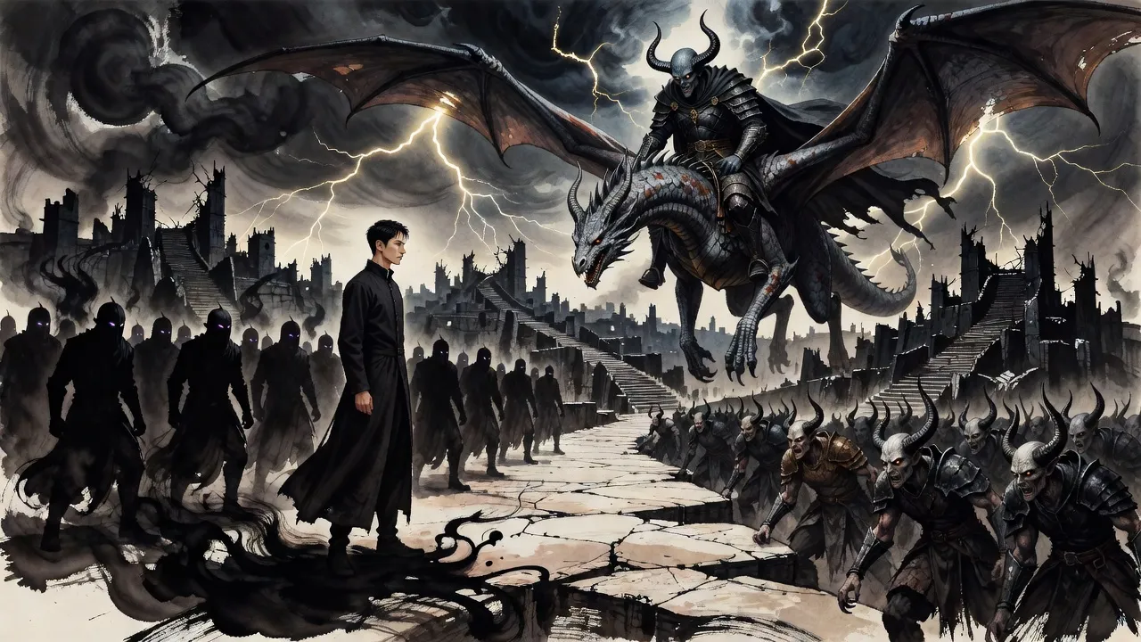 A horned demon lord rides a vast storm-grey wyvern down out of storm clouds over a stone plateau filled with demon ranks, while a man in a long coat stands in the foreground with smoke-black soldiers rising behind him.