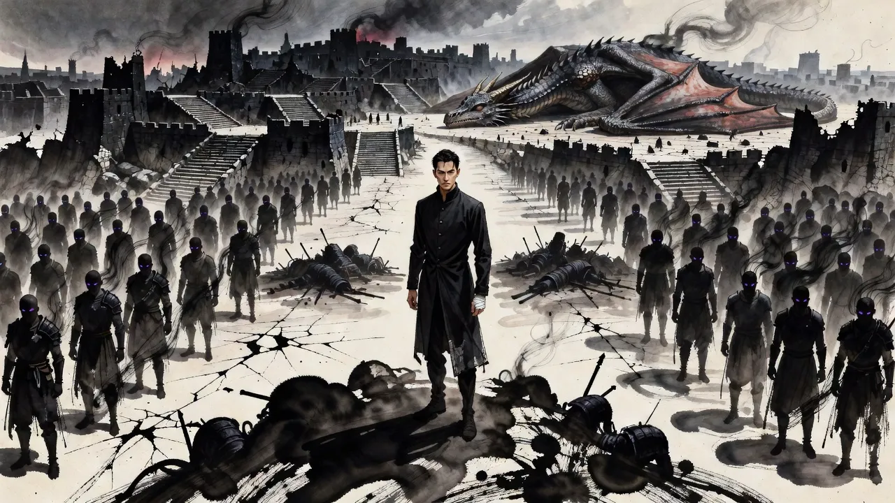 On a stone plateau under a clearing storm, smoke-black soldiers stand in neat rows before heaped fallen demons and a still wyvern, while a man with a bandaged hand looks across the field.
