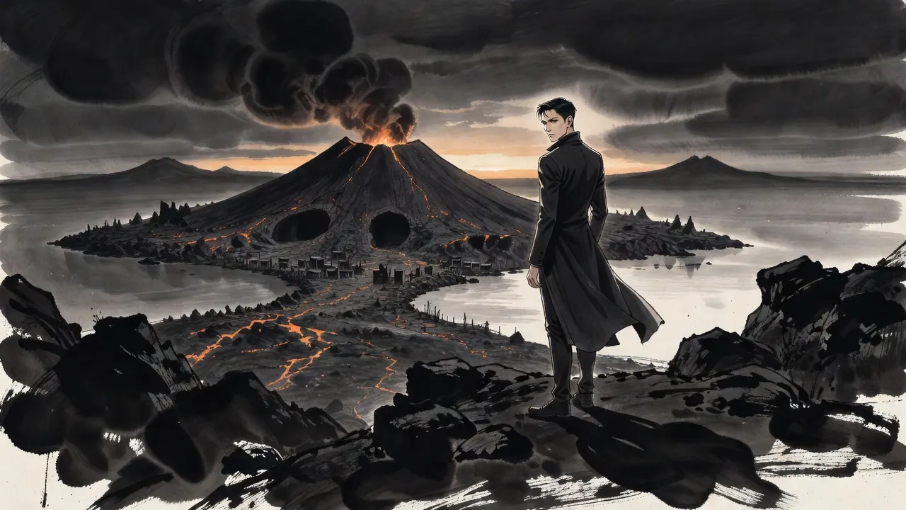 A tall young man in a long dark coat stands on a ridge of black volcanic rock at dusk, seen from behind, his shadow pooling at his feet, looking across a scorched island toward a smoking mountain.