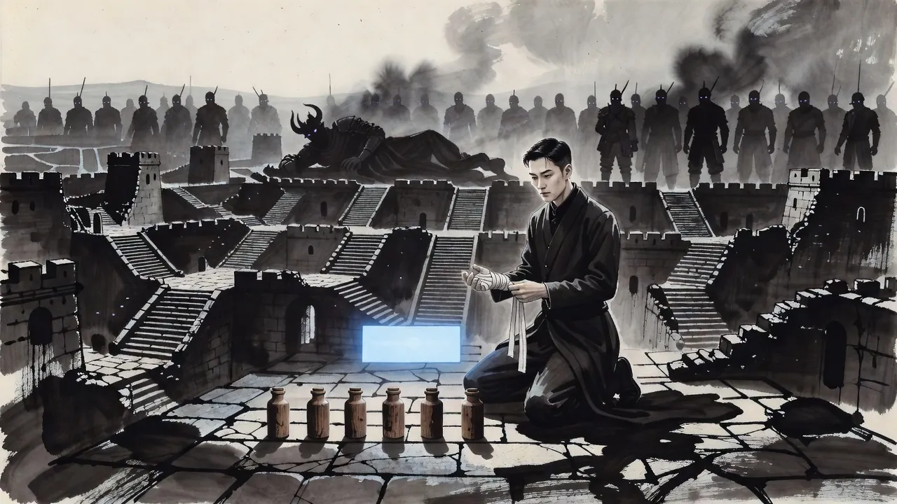 On a vast floor of black stone a man kneels to unwind a bandage from his hand beside a row of small wooden bottles and a floating pane of blue light, rows of shadowy soldiers and a huge still shape far behind him.
