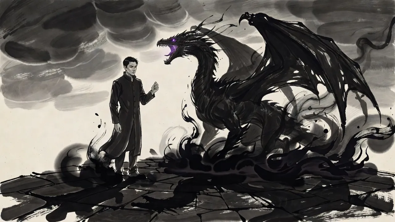 The head and long neck of a smoke-black winged dragon burst roaring out of a pool of ink-dark shadow on a stone floor while a man in a long coat stands calmly beside it.