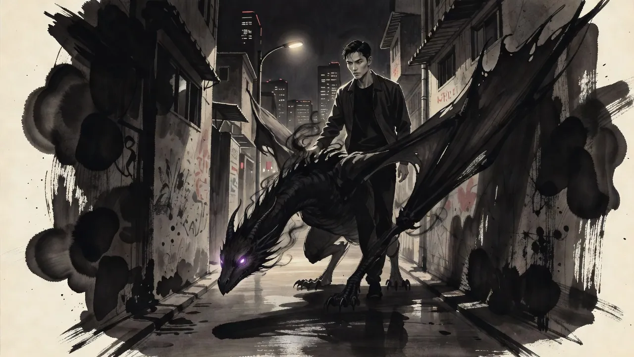 In a narrow alley lit by one streetlamp, a smoke-black winged dragon crouches with its wings pressed against the walls as a young man reaches up to climb on.