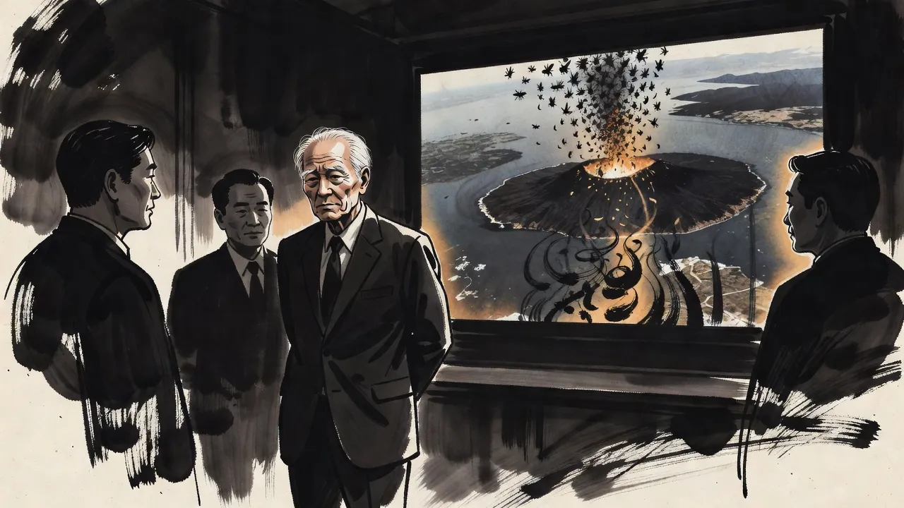 In a darkened room an old man in a suit stands in silhouette before a wall screen showing grainy overhead footage of a glowing swarm pouring from a volcanic island.