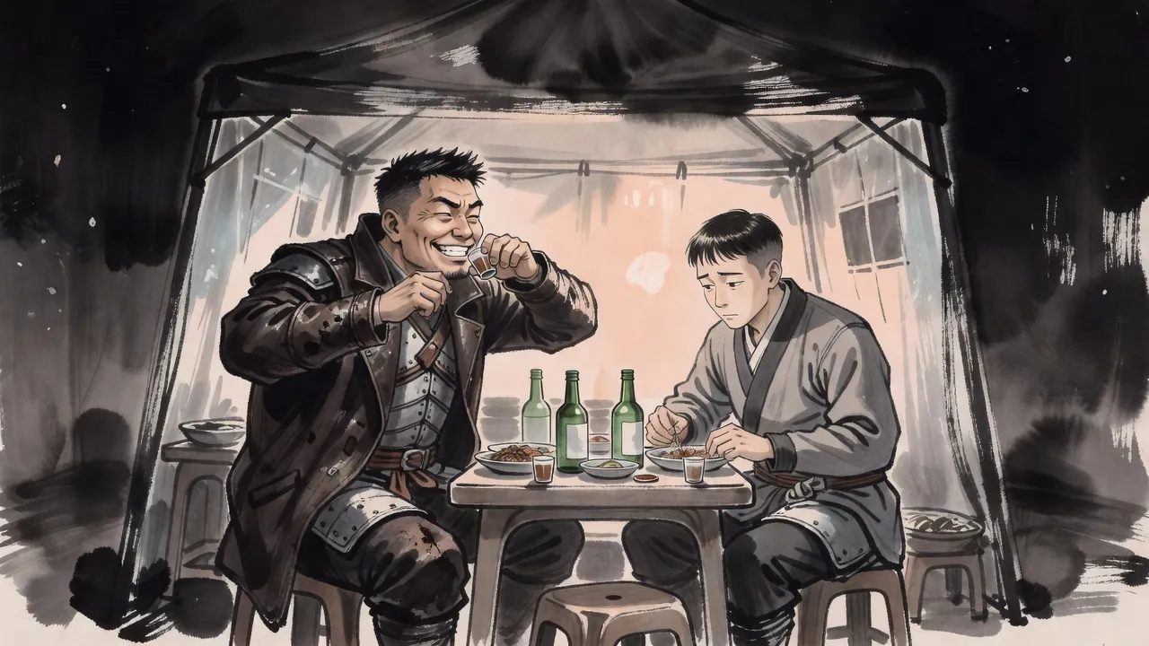 In a small street-food tent at night a broad man drains his glass with an eager grin while the slimmer, younger man across the table shakes his head as he eats.