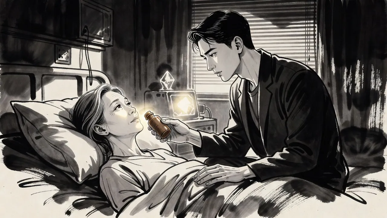 In a moonlit hospital room a young man holds a small wooden bottle to the lips of a sleeping woman, a soft light spreading over her face as her eyes begin to open.