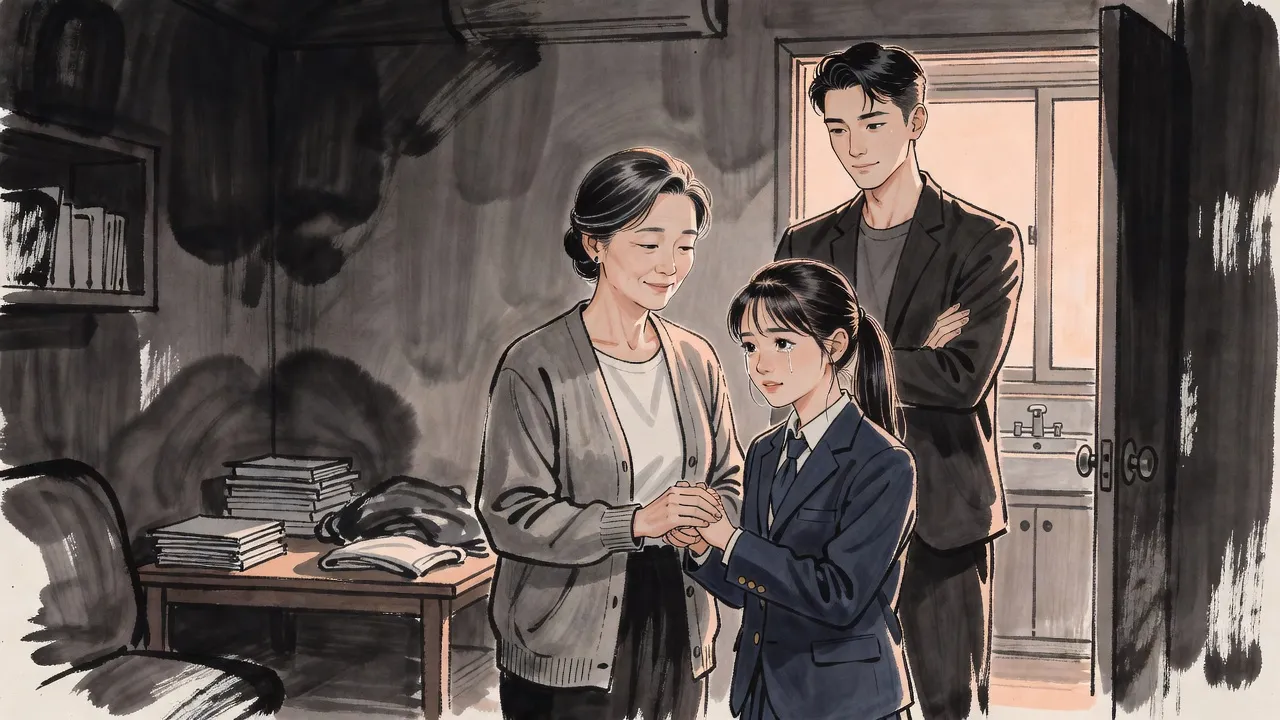 In a small sunlit apartment a woman with grey-streaked hair holds both hands of a schoolgirl with wet eyes while a young man leans in the doorway, smiling a little.
