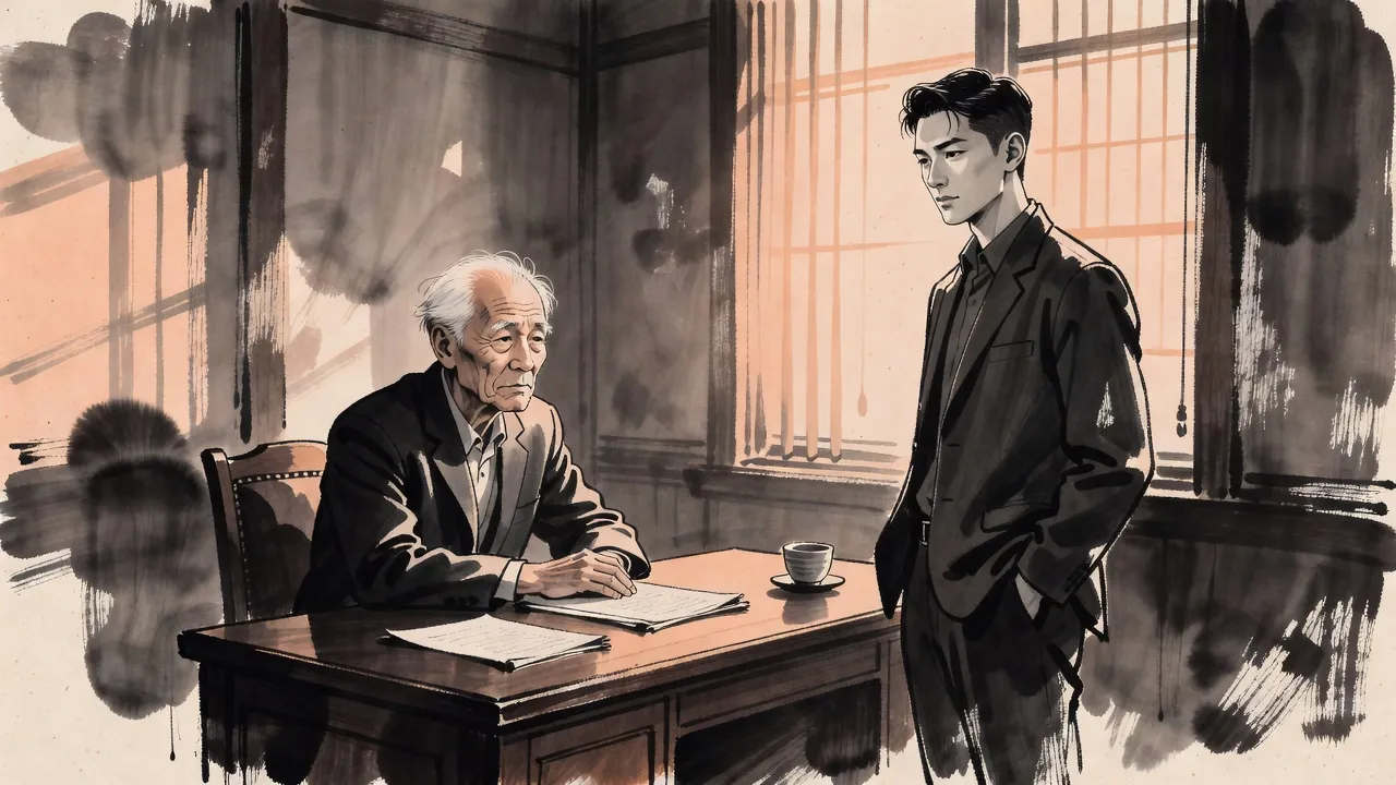 In a plain office an old man in a dark suit leans forward over his desk toward a young man who stands with his hands in his pockets, looking toward the window.