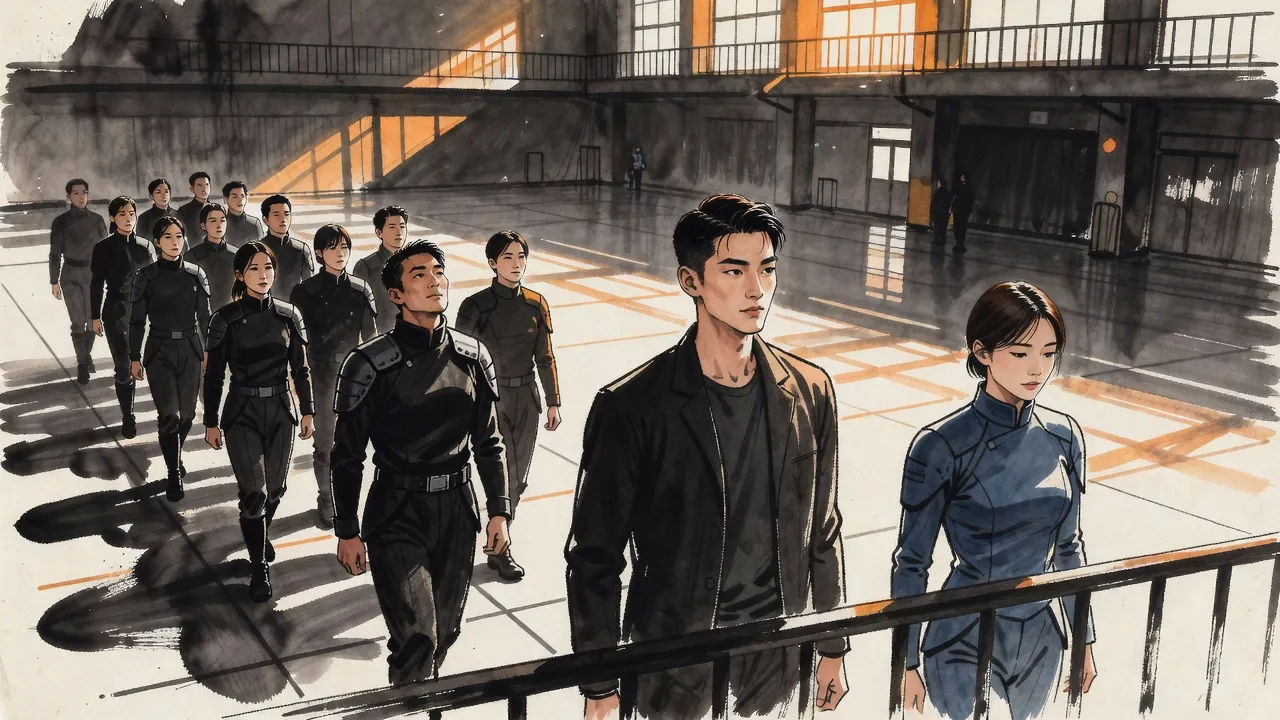 From a balcony rail a young man and a woman in a slate-blue jacket look down at a block of hunters in black uniforms marching across a gym floor behind their leader.