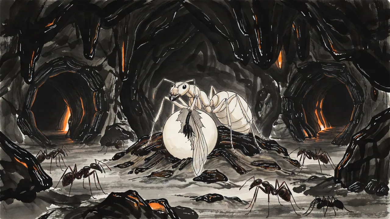 In a vast cavern lit by glowing cracks, a huge pale queen ant watches as an egg taller than a man splits and a black clawed hand pushes out through the shell.
