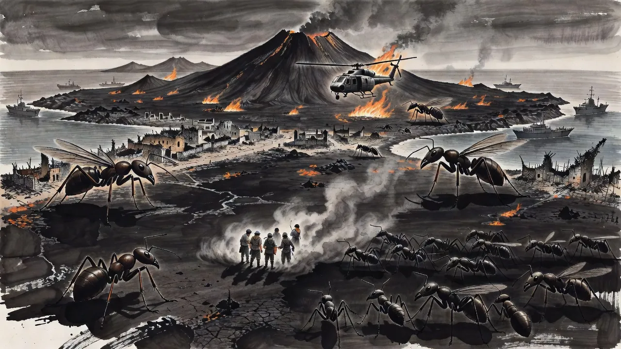 A twin-rotor helicopter flies low over a scorched black island as flying ants burst into flame around it and a small knot of hunters on the plain below faces a dark tide of ants.