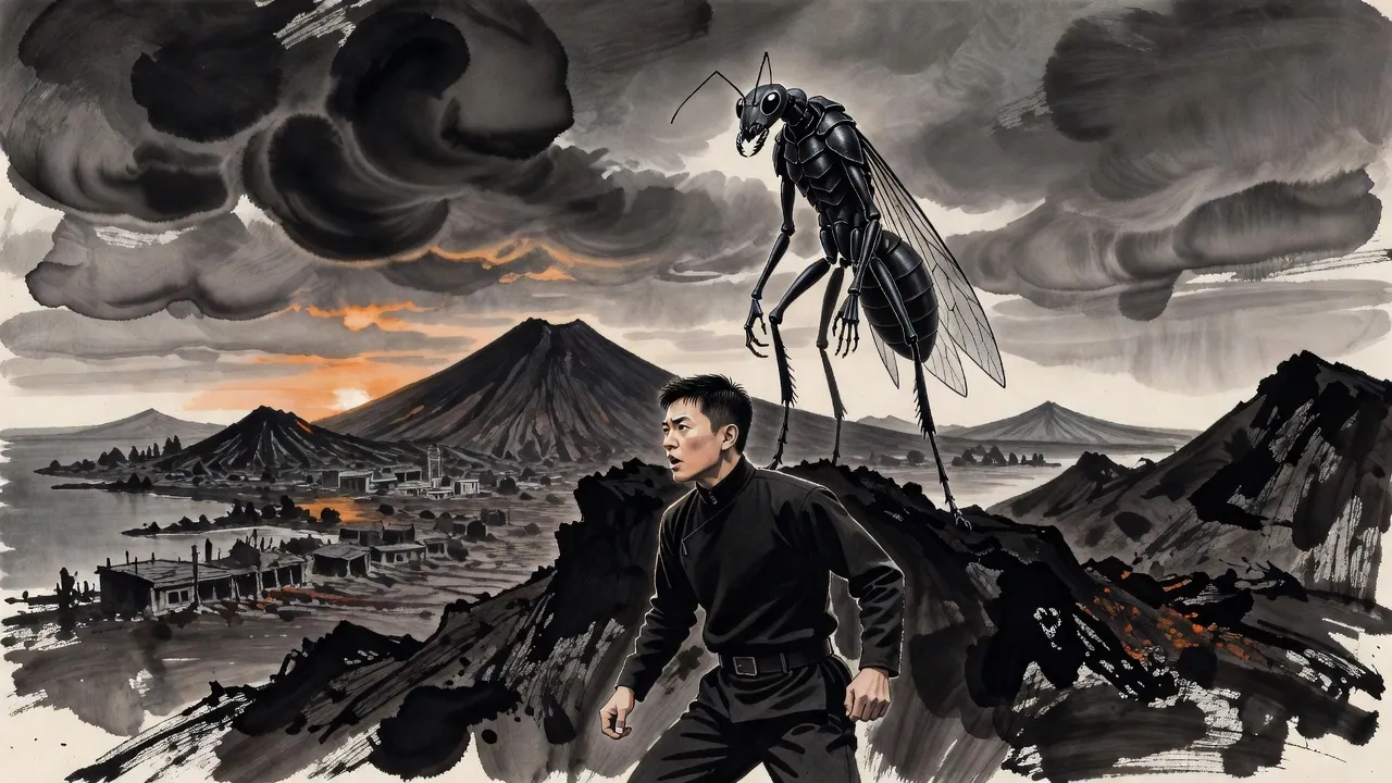 On a ridge of black rock under a grey sky a hunter in a black uniform turns his head as a tall, black, winged ant-like figure stands motionless above and behind him.