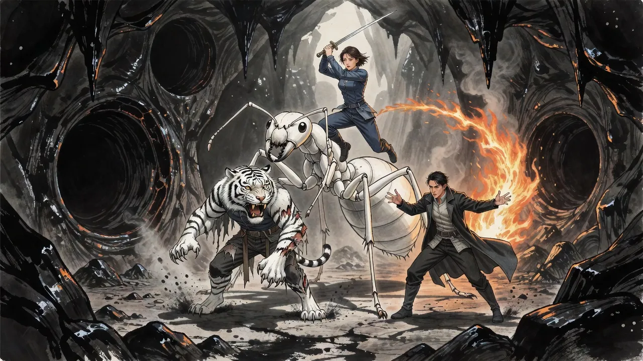 In a smoky, firelit cavern a woman leaps high with a sword drawn back over a rearing giant pale ant, while a half-tiger man braces below and a wall of flame fills the back.