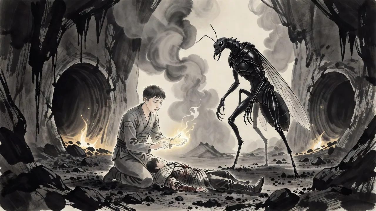 In a smoky cavern a thin man kneels over a wounded hunter with glowing hands, faint and half-hidden, while a tall black winged figure in the smoke behind him turns its head his way.