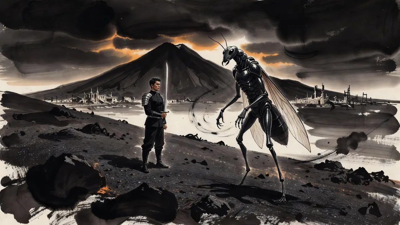 On a slope of black ash a lone man in a black uniform holds a long sword as a tall winged ant-like figure lands before him, dark mounds lying in the ash behind him.