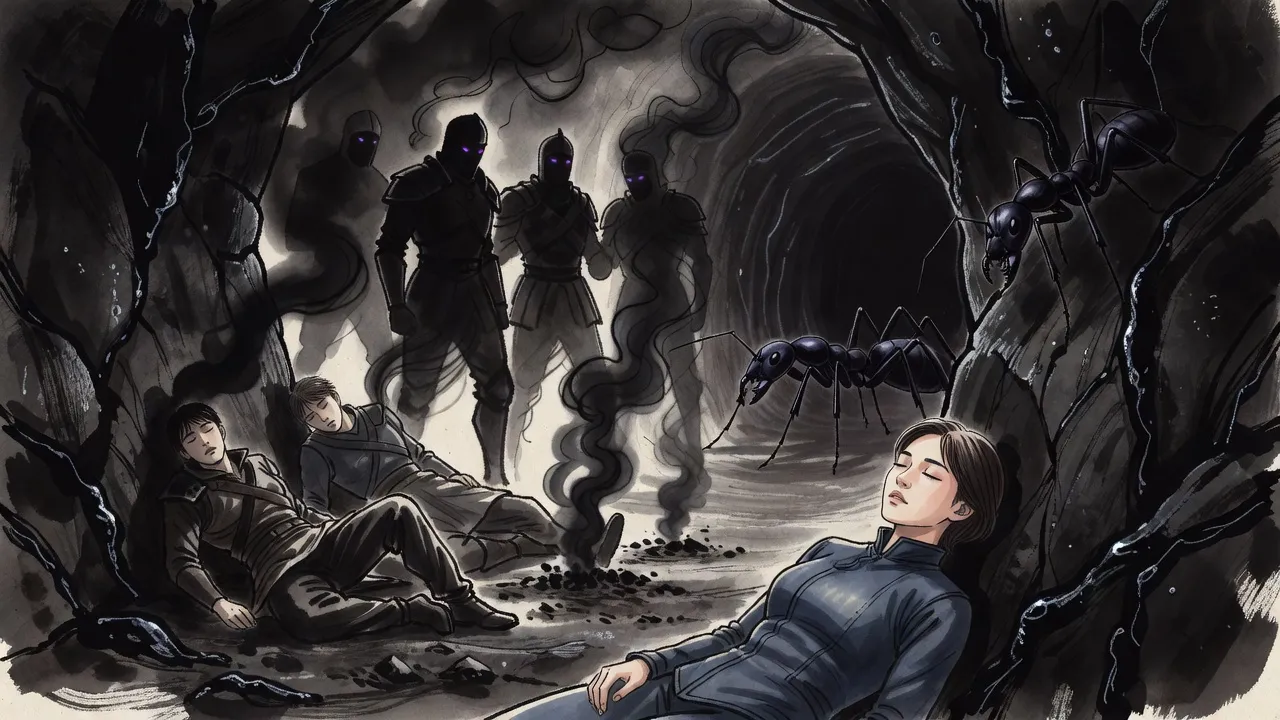 In a dark tunnel smoke-black armoured knights rise out of the shadows of slumped, wounded hunters, facing the glinting eyes of giant ants in the dark beyond.
